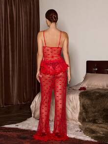 SHEIN 3D Floral Rhinestone Buckle Sexy Heart Mesh Camisole Sleepwear Set - Red - View 2