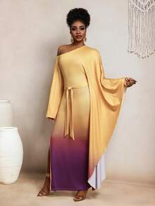 SHEIN BamGlam Ladies' New Style, Off-Shoulder Asymmetrical Long Sleeves, Strap Tie With Gradient Print, Middle Eastern Robe, Festival Long Dress - Multicolor - View 3