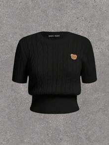 SHEIN EZwear 大码女式可爱小熊图案针织短袖修身套头衫，暖黄色，适合初秋穿着 - 黑色 - 查看 7