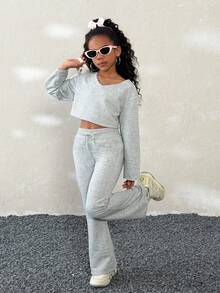 Coolane Kids Tween Girl Summer/Winter/Spring Casual Grey Casual V-Neck Long Sleeve T-Shirt And Pants Set,New Year ,Party, Bell Bottoms Girl 2 Piece Set, Casual Two Piece Set - Grey - View 3