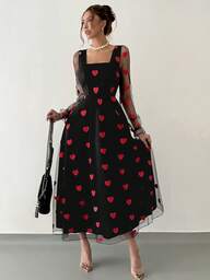 Islaluna Damen Quadratischer Kragen Herz-förmiges Mesh-Gewebe mit geraffter Taille und Lotus-Blatt-Ärmeln, transparentes Mesh-Gewebe Design, rotes Herz, romantischer Valentinstag, Valentinstag-Stil, modisch und elegant, geeignet für den täglichen Gebrauch, Hochzeiten, Bankette, tägliche Fahrten, Abschlussfeiern, Festivalveranstaltungen, Urlaub, Dates, Partys, Halloween, Weihnachten, Neujahr und Thanksgiving