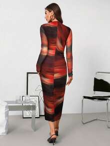 Ellevyn Women's Pleated Printed Mesh Knit Dress - Burgundy - View 3