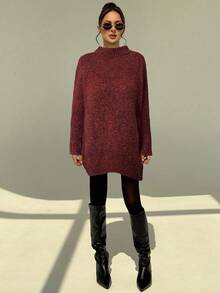 Aloruh 渐变棕色年轻女士音乐节雪纺渐变蝙蝠袖高领毛衣连衣裙，适合秋冬季穿着 - 酒紅色 - 查看 5