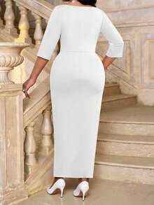 Fleurora Đầm dự tiệc thanh lịch cỡ lớn dành cho nữ, màu trơn, cổ thuyền, xẻ cao, xếp ly. - trắng - Xem 2