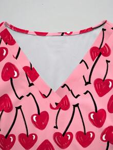 PopScrub Heart & Cherry Print V-Neck Short Sleeve Women's /Nursing Uniform Top, Fashionable For Spring/Summer Valentine's Day - Multicolor - View 5