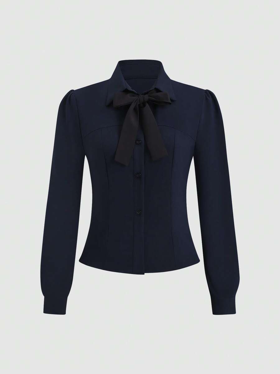 Sweetra Chemise simple à boutons devant avec nœud décoratif, couleur unie, pour femmes, automne - Bleu marine - Voir 1