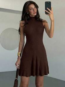 Aloruh Minimalist High-End Brown Sleeveless Stand Collar A-Line Mini Ribbed Knit Dress, Spring/Summer,Spring Outfit Women,Spring Break Outfits - Coffee Brown - View 7