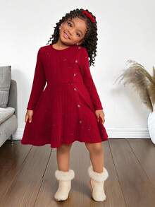 SHEIN 年轻女孩优雅休闲红色亮片毛绒针织罗纹圆领套头衫开叉设计中长连衣裙，适合上学、日常休闲、秋冬、圣诞节红色连衣裙 - 紅色 - 查看 5