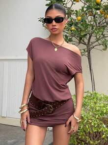 Muchica Women's Spring/Summer Y2K Basic Casual Brown Knitted Asymmetrical Batwing Sleeve Beltless Mini Dress - Brown - View 6