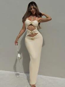 Bonvoyette 女士奶油色薄纱网纱半身裙，吊带露背设计，海星装饰，腰部镂空，沙滩派对性感罩衫 - 米色 - 查看 3