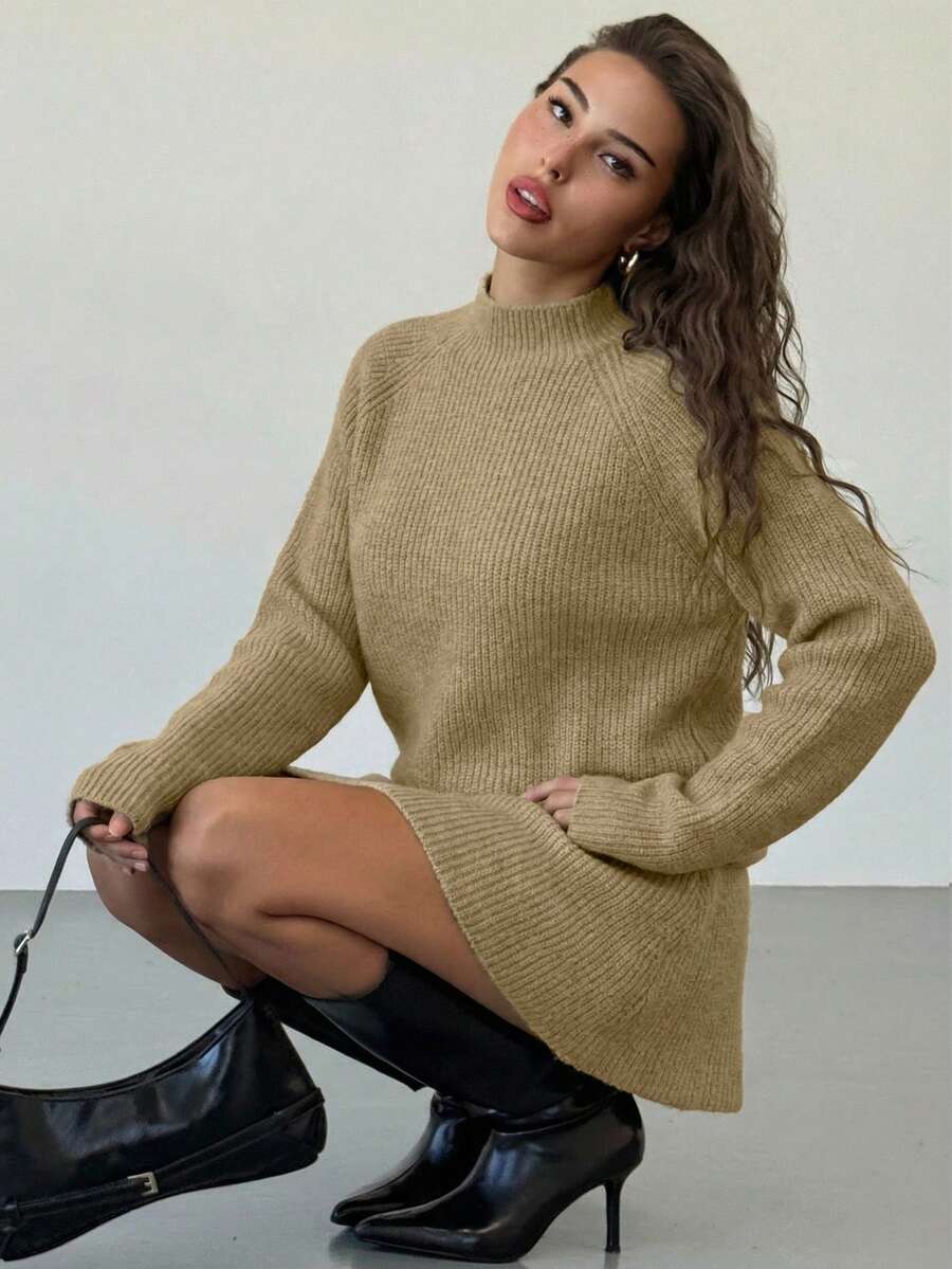 Aloruh Conjunto de 2 piezas de punto acanalado suave, suéter de cuello alto de manga larga y falda mini, conjunto casual de primavera para mujeres - Caqui - Ver 1