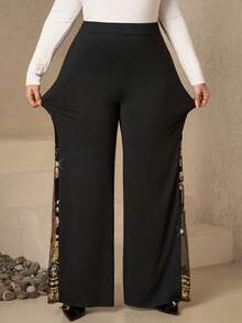 Chikora Plus Size Women Elegant Party Sequin Mesh Patchwork Wide Leg Loose Pants - Gold - View 4