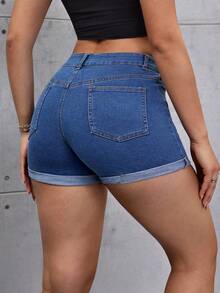 SHEIN Tall 女士休闲卷边口袋牛仔短裤 - 中等水洗藍 - 查看 2