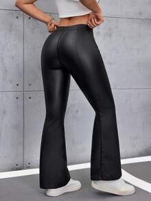 Flexra 女款 Y2K 风格系带弹力修身涂层黑色长裤 - 黑色 - 查看 2