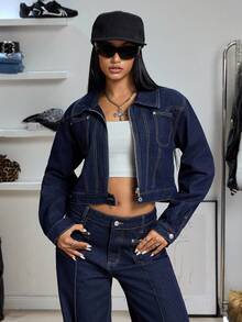 Jeanoix Y2K 时尚休闲口袋牛仔夹克 - 深色水洗藍 - 查看 1