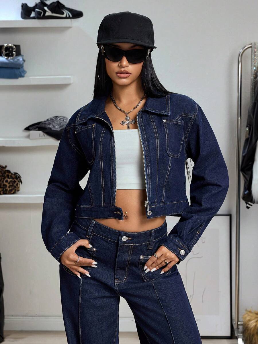 Jeanoix Y2K 时尚休闲口袋牛仔夹克 - 深色水洗藍 - 查看 1