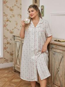 Áo ngủ nữ cỡ lớn CottageSlumber, cổ cài khuy phía trước, in hoa, tay ngắn, thích hợp cho mùa hè. - Màu be - Xem 1