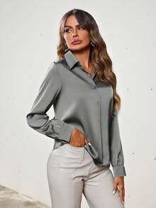 Aveloria Modichic Solid Color Button Down Long Sleeve Shirt Holiday Party Clothes Button Up Shirt Women  - Grey - View 4