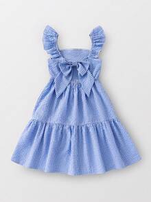 少女荷叶边袖蝴蝶结露背方领格子连衣裙 - 杏色 - 查看 2