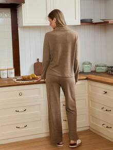 SHEIN Doze Lane Women's Turndown Collar Knit Brushed Long Sleeve Pajama Set, Autumn/Winter Brown Pajama Set Sleep Wear Women Button Front Brown Pj Set Button Down Pajamas For Women Coffee Pajamas - Brown - View 2