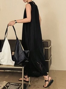 DAZY Đầm nữ thời trang thường ngày không tay viền lượn sóng, kiểu dáng mùa hè. - màu đen - Xem 8