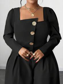 Maweii Plus Size Sexy Long Sleeve Metal Button Wide Leg Jumpsuit - Black - View 3