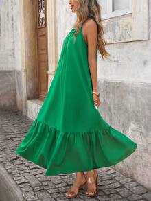 Brillora Women's Casual Green Smock Halter Maxi Dress With Frill Hem Sleeveless Design Green Beach Dress Women Vacation Dress Green Summer Dress Women - Green - View 4