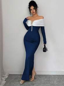 SHEIN Elenzya 女士优雅黑色露肩珍珠装饰连衣裙，适合日常穿着、婚礼、晚宴、通勤、毕业典礼、节日、约会、派对、万圣节、圣诞节、新年、感恩节等场合。 - 藏蓝色 - 查看 6