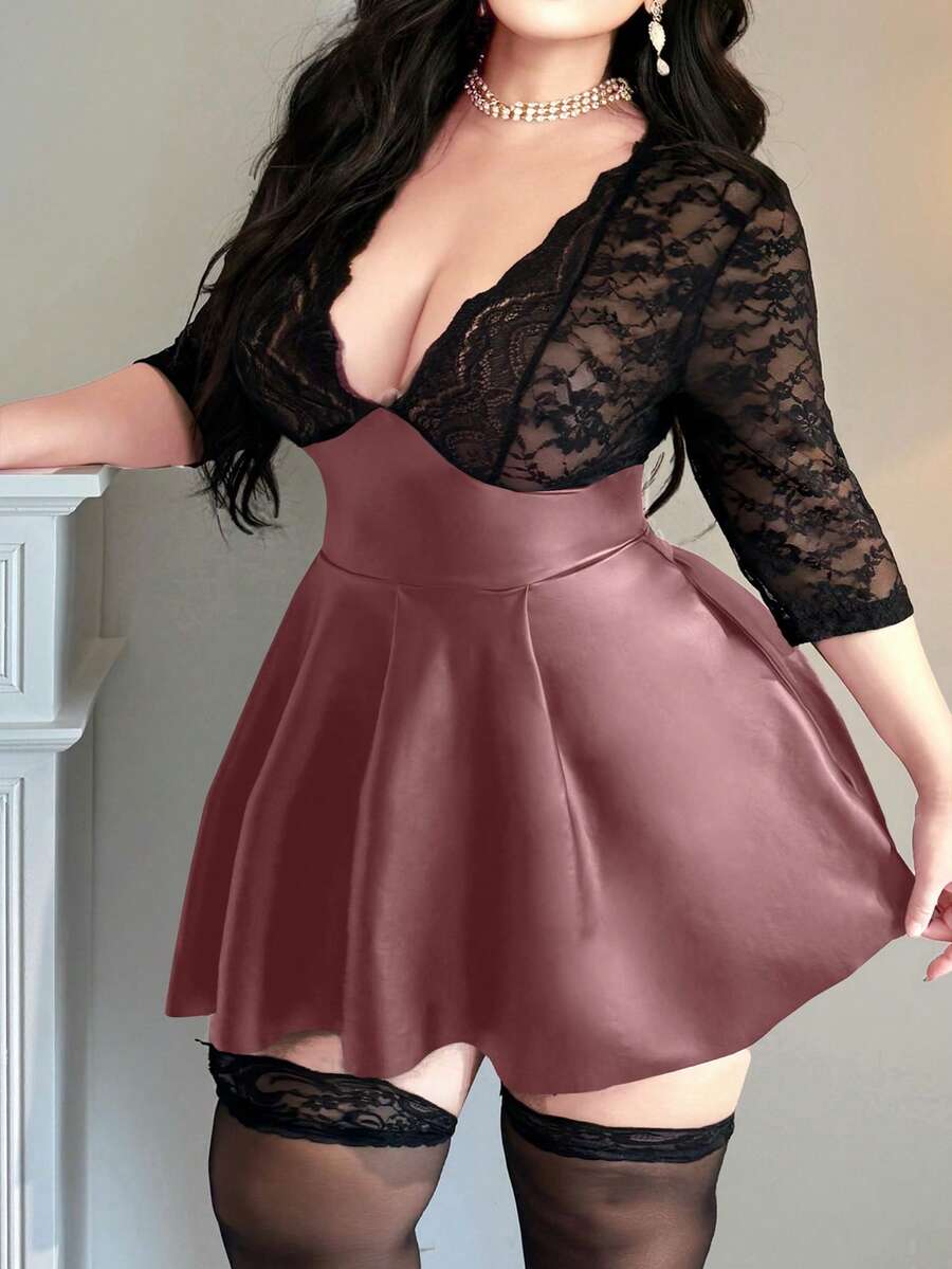 Vibekara 大码性感PU皮革A字蕾丝拼接连衣裙 - 紅色 - 查看 1