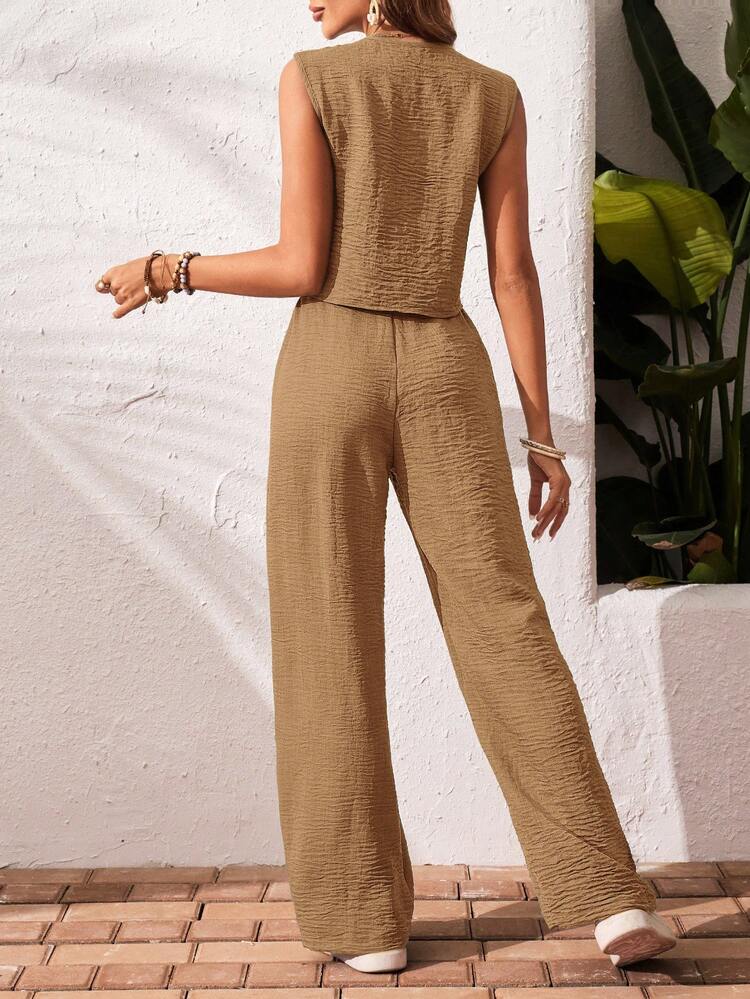 SHEIN Frenchy 2pcs/Set Solid Color V-Neck Front Button Sleeveless Top And Pants, Casual - Camel - View 2