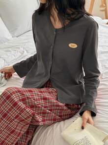 DAZY 2pcs Women Letter Print Decor Cardigan Top & Plaid Pajama Pants Sleepwear Set