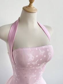 Elamini 女士甜美露背撞色网纱蝴蝶印花迷你派对连衣裙，收腰性感，可爱蝴蝶结系带露背设计 - 粉色 - 查看 5