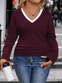 EMERY ROSE 女士秋冬新款撞色V领弹力侧边加大码T恤 - 酒紅色 - 查看 3