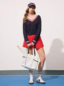 CourtClass Women's Contrast Stripe Ruffle Trim Tennis Dress, Summer Red Tennis Skirt Red Skirt Cheerleader Skirt - Red - View 5