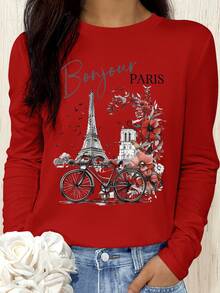 SHEIN LUNE Áo thun dài tay in kỹ thuật số chủ đề Paris lãng mạn, thoải mái, đa năng, thường ngày, dành cho nữ, thích hợp mặc khi đi chơi và mặc hàng ngày, mùa xuân/hè - Đỏ - Xem 3