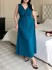 Dazy Plus Camisón largo de mujer talla grande de unicolor y sexy con cintura ceñida, sin mangas, para primavera/verano - Azul - Ver 4