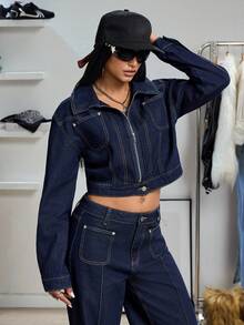 Jeanoix Y2K 时尚休闲口袋牛仔夹克 - 深色水洗藍 - 查看 6