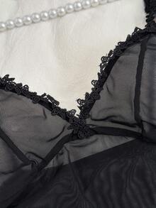 PetitDoll 2pcs Set Sheer Ruffle Asymmetrical Hem Mini Dress, Going Out Sheer Lingerie Set - Black - View 8