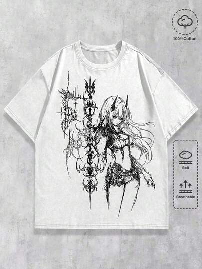 ROMWE MEN Anime Spring/Summer Casual Graphic White Men'S Y2K Washed White Dark Graphic Print T-Shirt