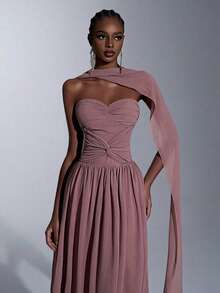 Elitara 优雅深灰紫色雪纺无肩带褶皱不对称扭结长款连衣裙，配有可调节系带腰带（可拆卸挂脖），适合所有正式场合，正式晚礼服