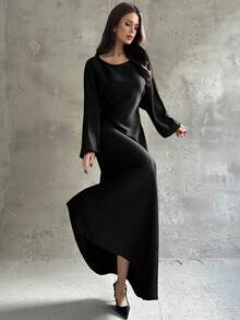 Firerie Robe élégante, romantique, décontractée et polyvalente pour femmes. Col rond, manches longues chauve-souris, taille nouée, coupe évasée. Couleur café. Tenue idéale pour les enseignantes, style automnal. Vêtements femme automne/hiver, robe marron - Noir - Voir 3