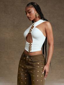 Denimoi Chain Detail Cut Out Sexy Top Concert Festival Clubwear - White - View 4