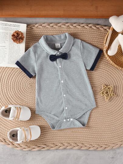 Souflis Souflis Newborn Baby Boy Gentleman Bodysuit, Formal Outfit For 100 Days Celebration, Stylish Collar With Bow Tie Stylish Baby Boy Summer Outfit Newborn Baby Boy Summer Outfit Baby Boy Bow Tie Romper Neutral Baby Clothes Summer Romper For Baby Boy Baby Boy Short Sleeve Suit Blue Vintage Baby Boy Outfit