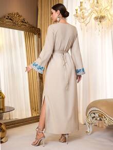 Al Najma Women's Elegant Waist Cinched Embroidered Arabic Style Dress - Apricot - View 6