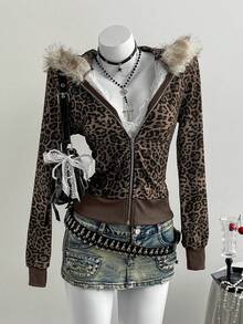 Elamini Áo nỉ nữ màu xám in họa tiết da báo, cổ lông giả, phối túi, có mũ, dáng ôm, thời trang thích hợp đi làm, mặc thường ngày, đi học, ngày Nhà giáo, đa năng cho mùa thu/đông. - màu nâu - Xem 3