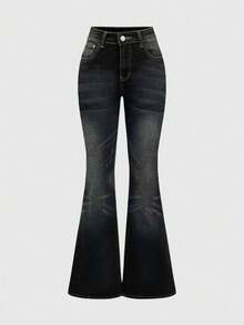 ROMWE J-Fashion 女士Y2K豹纹翅膀图案复古风低腰喇叭牛仔裤 - 灰色 - 查看 2