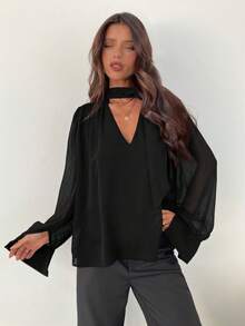 Aloruh Women's Elegant Commuter Chiffon Deep V-Neck Tie Long Sleeve Blouse