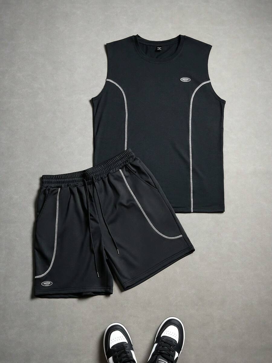 Aesthetic Post 男士休闲日常通勤时尚街头字母印花撞色缝线背心和抽绳腰短裤套装，夏季 - 黑色 - 查看 1