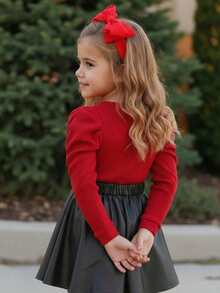 Emery Rose Kids Emery Rose Kids 2 件套年轻女孩优雅休闲圣诞红色圆领长袖 T 恤 + 黑色 PU 皮裙套装，儿童姐妹装 - 酒紅色 - 查看 3