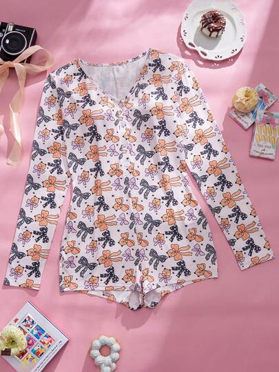 Eraneu Colorful Cartoon Bear & Bow Print Romper